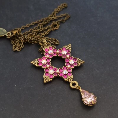 Collar Michal Negrin Estrella de David Rosa Cristales Brillantes Grande Mujer Regalo Nuevo Foto 1 de 4