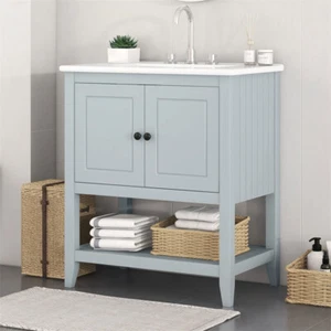 30" Bathroom Vanity w/Ceramic Sink Gray Bathroom Cabinet w/Open Shelf & Doors - Picture 1 of 15