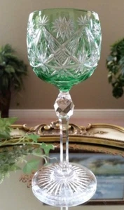 Vintage European Knob Stem Green Cut to Clear Crystal Wine Goblet - Picture 1 of 11