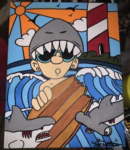Shortiez Tusche Graffiti 11 x 14 Leinwand Tafel Gemälde Hai Strand Ozean Brandung - Bild 1 von 1