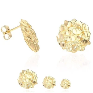 10K Gold Round Nugget Pushback Stud Earrings 8mm, 10mm, 15mm - Picture 1 of 20