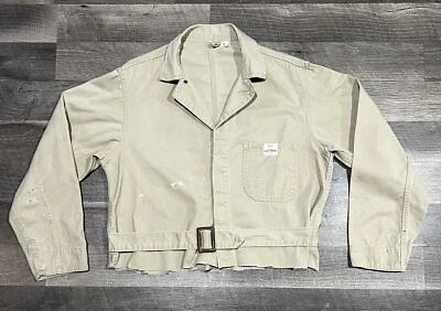 Sears 42 Men’s Vintage Khaki Canvas Shop Coat Belted Motorcycle Jacket - Image 1 of 4