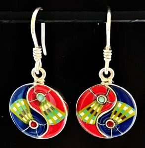 HANDCRAFTED TURQUOISE CORAL SPINY INLAY .925 SILVER YIN-YANG DANGLE EARRINGS - Picture 1 of 5