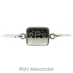 Brazalete monograma con bisagras con borde de cuerda rectangular 925 de 6,5" de plata esterlina - Imagen 1 de 7