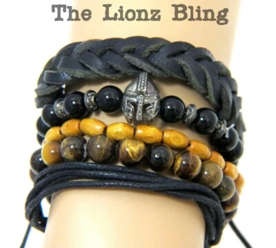 Gladiator Spartan Stacked Bracelets Black Leather, Tiger's Eye, Onyx & Wood Bead - Image 1 of 3