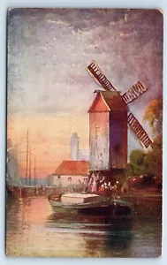 Pintura de puerto interior por el artista L. DuPont barcaza molino de viento c1909 postal - Imagen 1 de 2