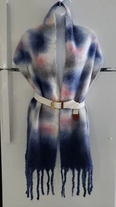 Vintage Women's Wool Super Warm Scarf Blue/White/Pink Multicolor New 35"×13" - Picture 1 of 7