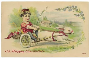 De colección c1910 EASTER A Happy Eastertide CONEJO TIRANDO NIÑA EN CARRO CON HUEVOS - Imagen 1 de 2