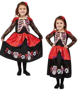 Toddlers Day Of The Dead Girls Costume Skeleton Fancy Dress Outfit Kids Age 1-2 - Picture 1 of 2
