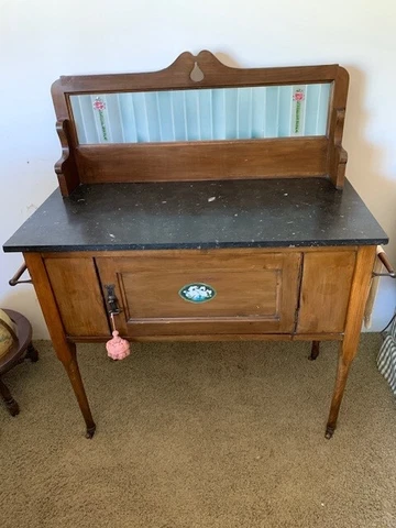 Antique Victorian Washstand Cabinet - Marble Top - Tile Backsplash Cover