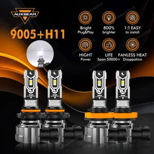 AUXBEAM 9005 H11 LED Headlight 4 Bulbs Combo High Low Beam 20000LM 6500K 1:1 - Picture 1 of 12