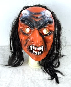 Vintage 1970s Topstone Big Eye Red Devil Demon Halloween Mask w/Black Hair - Picture 1 of 8