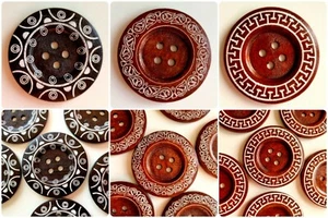 LUXURY LARGE WOODEN PATTERNED BUTTONS - 60mm ROUND, BROWN, SEWING, GIANT, CELTIC - Picture 1 of 24