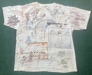 Vintage 90s Oneita Leonardo da Vinci All Over Print T Shirt Large Single Stitch - Picture 1 of 6