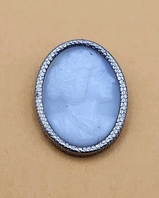 Antique Cameo Silver Tone Framed White Glass Resin Button Oval Vintage - Image 1 of 4