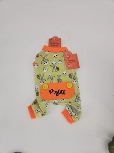 PET CENTRAL Skeleton KA-BOO Dog Pajamas Size XS Green/Orange Trim Halloween NEW - Picture 1 of 8