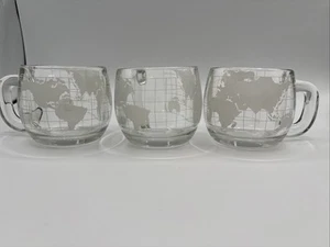 Set of 3 Vintage 1970's Nestle World Map Globe Etched Coffee Tea Mugs Heavy - Picture 1 of 5