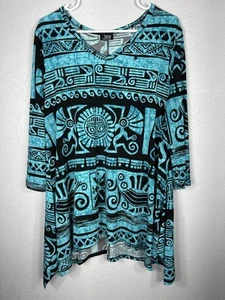 Jostar Women's Large Tunic Blouse Bohemian Aztec Slinky Stretch Wearable Art - Picture 1 of 6
