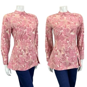 VTG 60S HIPPY PINK CREAM SPARKLING HIGH NECK BISHOP SLEEVE TUNIC PARTY TOP 8 - Picture 1 of 8