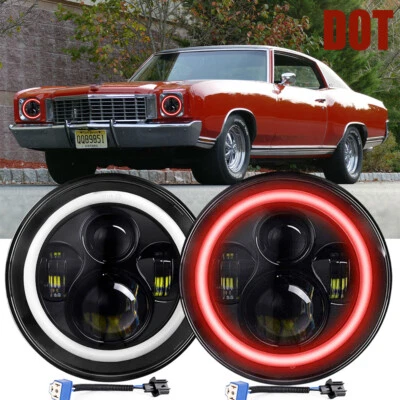 Fit Chevy Monte Carlo 1970-75 7" Round Projector LED Headlights Red Halo DRL H4 - Image 1 of 4