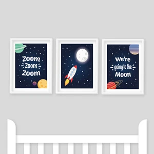 Nursery Prints - Set of 3, Zoom Zoom, Moon, Space Theme, Rocket, Kids Bedroom - Picture 1 of 8