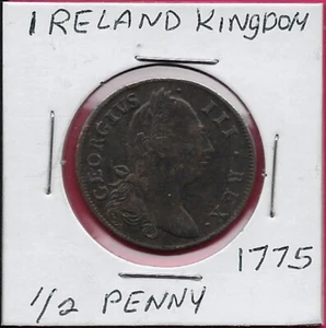 IRLAND VEREINIGTES KÖNIGREICH 1/2 PENNY 1775 HERRSCHER: GEORGE III, TYPE 3 LANGE HAARE - Bild 1 von 2