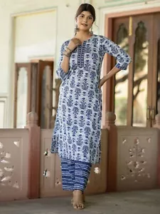 Indian Women Blue & White Pure Cotton Floral Printed Kurta with Palazzo Set - Picture 1 of 7