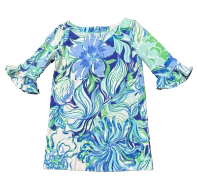 Lilly Pulitzer Girls Mini Lula Dress Blue Green Floral Puffy Sleeve XS 2-3 - Image 1 of 4