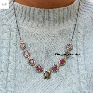 Collar de piedras preciosas de diamantes pavé de plata 925 collar de cadena de eslabones de turmalina múltiple - Imagen 1 de 5