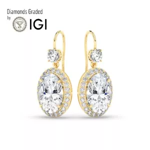 Oval 6 ct Solitaire Halo 18K Yellow Gold Earrings, Lab-grown IGI Certified - Picture 1 of 14