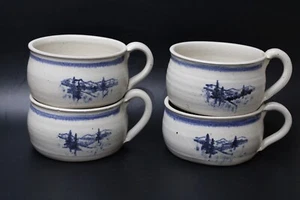 Rustic Handmade Pottery Soup Mug Bowls  Mountain Scene 18oz Handle Lot of 4 - Picture 1 of 19