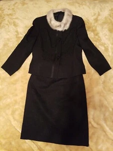 Tuta gonna vintage. Lana. Modello Jacquard, vera pelliccia, nero, taglia 10/12 - Foto 1 di 11