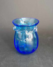 Vintage Pilgrim Hand Blown Blue Art Glass Ruffled Top Applied Ribbon Trim Vase