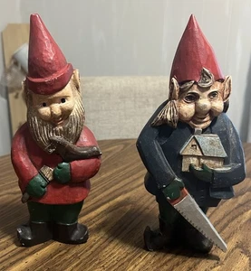 Handgeschnitzte Vintage Mann Holz Volkskunst Figur Wichtel Paar Baumeister Maler Säge - Bild 1 von 10
