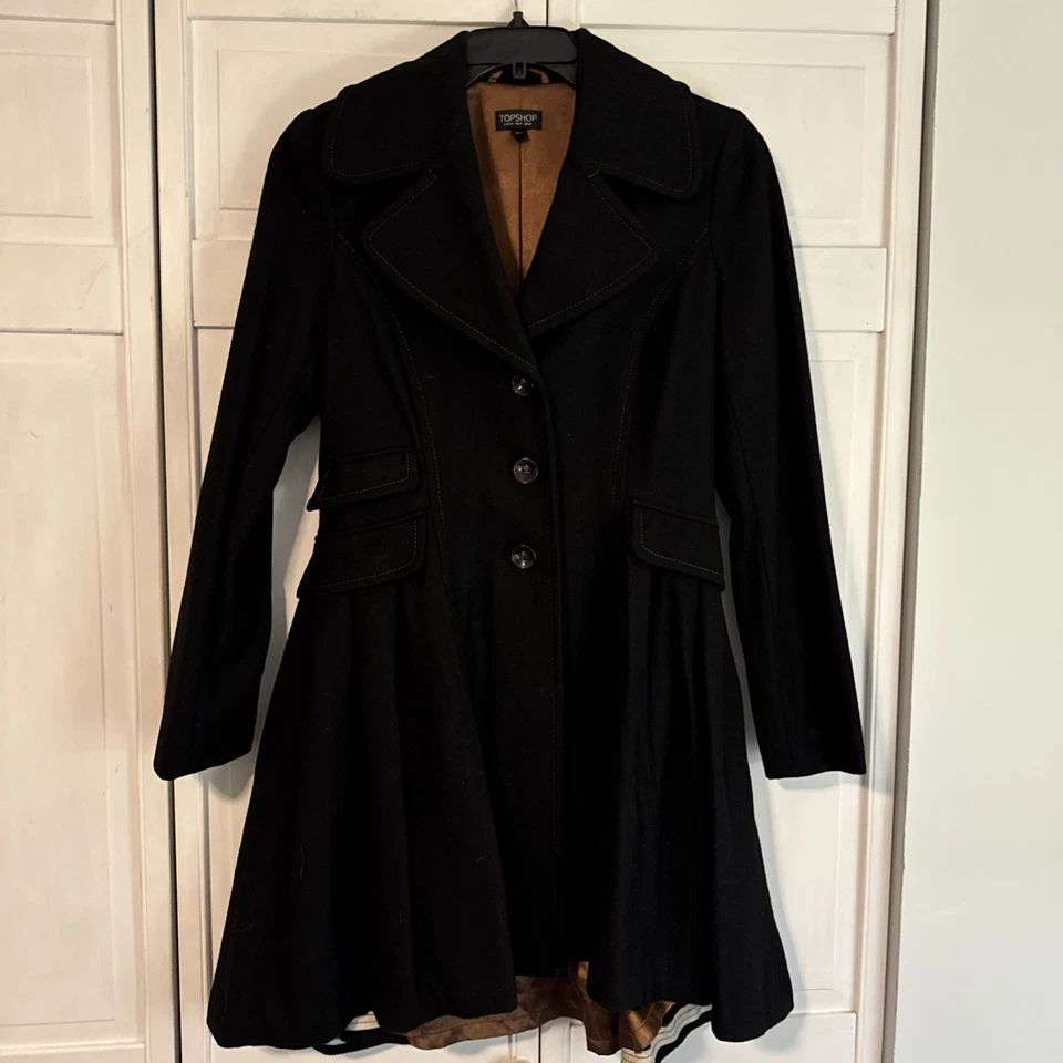 TOPSHOP Princess Fit and Flare Wool Blend Riding Coat Black Size US 8 Gorgeous - Image 1 of 4