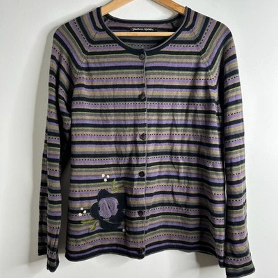 Gudrun Sjoden Striped Cardigan Sweater Womens L Wool Cotton Floral Embroidered - Image 1 of 4