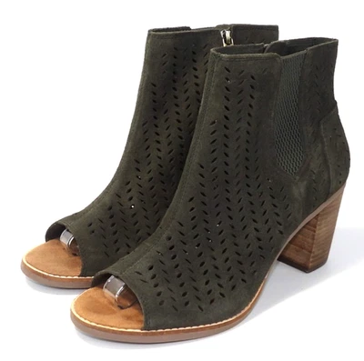 TOMS Size 10 Majorca Peep Toe Ankle Bootie Forest Green Suede Perforated New! - Image 1 of 4