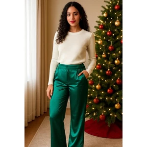 Pantalones de pierna recta plisados satinados esmeralda Forever 21 para mujer nuevos con etiquetas, cintura elástica M - Imagen 1 de 8