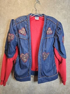 Vtg Grannycore Denim & Fleece Heart Patch Jacket Women's Size L - Picture 1 of 7