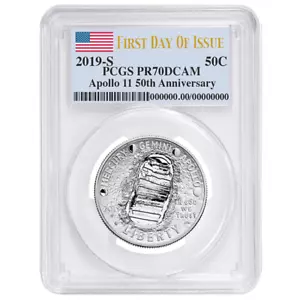2019-S Proof 50c Apollo 11 50th Ann. Half Dollar PCGS PR70UC FDOI Flag Label - Picture 1 of 2