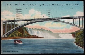 Niagara Falls Maid Of Mist Steamer & Rainbow Bridge Canada Linen Postcard - Picture 1 of 2