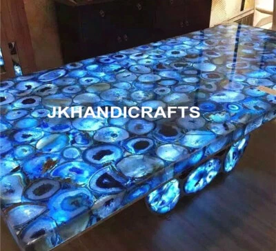 Brazilian Agate Coffee Dining Table Top Inlaid Work With LED Light Feature Table - Image 1 of 3