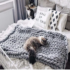 Grey Indoor Warm Hand Woven Blanket Wool Chunky Cable Knit Sofa Chair Blanket - Picture 1 of 7