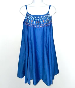 SUNDANCE CATALOG Size Medium Sundress Embroidered Shoulder Tie Cotton Silk Blue - Picture 1 of 7