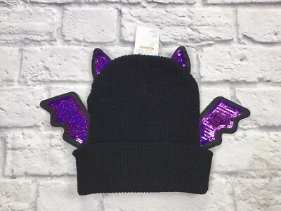 Claires Black Purple Sequin Bat Beanie Hat Halloween Costume Cos Play  - Image 1 of 2
