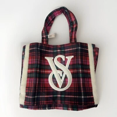 VICTORIA'S SECRET Red Plaid Holiday VS LOGO Plaid Tote Bag $60 White Fur Limited - Image 1 of 4