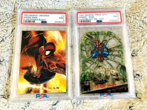 SPIDERMAN MARVEL 1994 FLAIR POWER BLAST & 1997 QFX LAZERBLAST DIE-CUT PSA 9 MINT - Picture 1 of 3