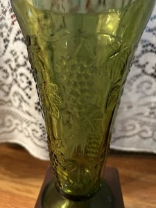 VTG Flower Trumpet Vase Harvest Green Glass by COLONY Raised Grapes Leaves 7.75" - Picture 1 of 12
