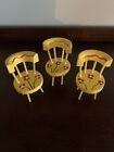 Set Of 3 Vintage Yellow Hand Painted Wooden Doll House Furniture Chairs