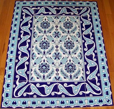 Blue & White Iznik Floral Pattern Border 40"x32" Ceramic Tile Panel Mural - Image 1 of 2